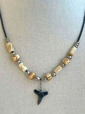 Fossilized Shark Tooth Cord Necklace Surfer Unisex